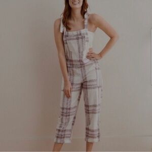 Aerie Overalls Tie Shoulder Plaid Purple white XL Lightweight Cotton Pocket Boho